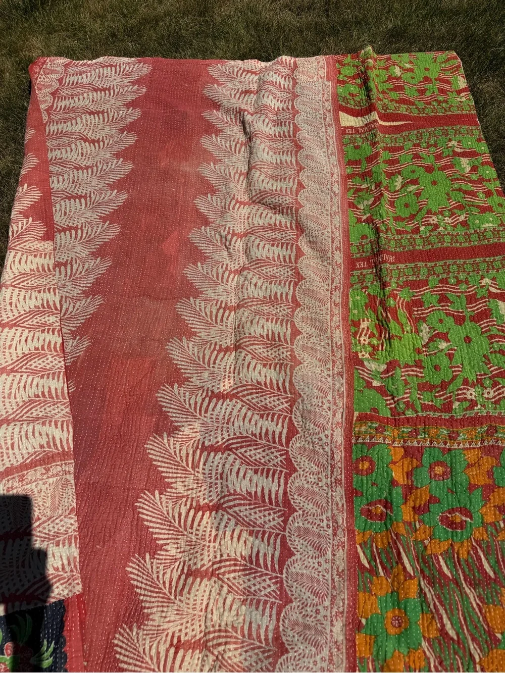Colorful Vintage Kantha Quilt Throw - Coral, Green, Navy